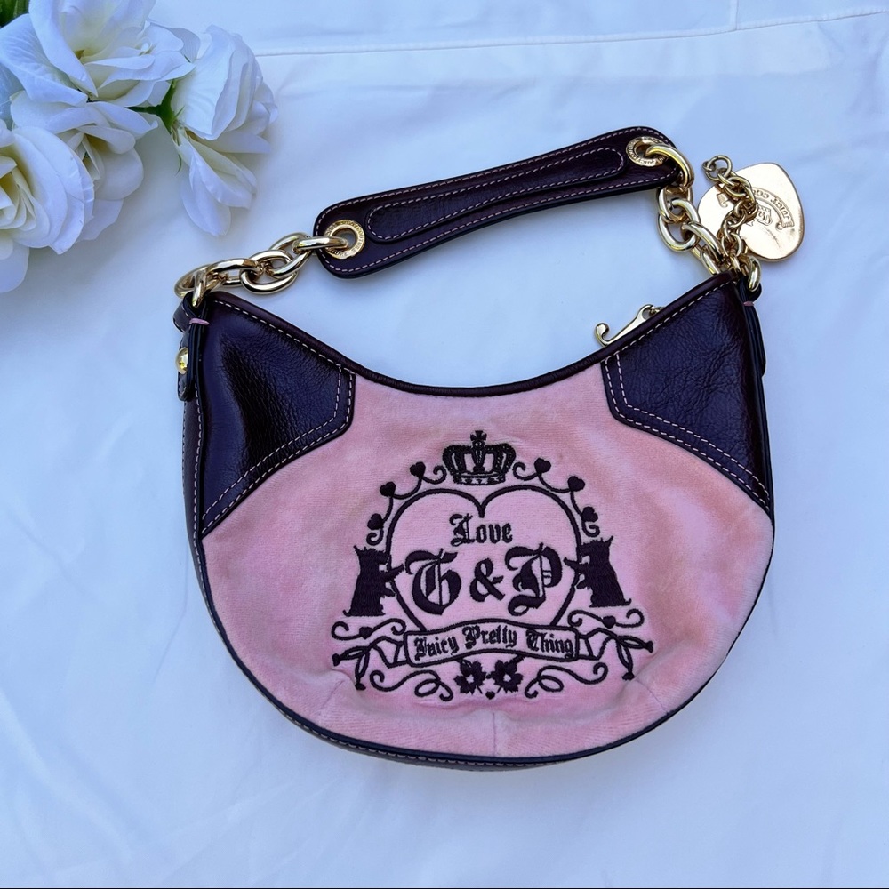 Juicy Couture pink velour mini shoulder bag with brown leather & gold tone trims